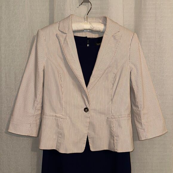 WHBM 12 Ivory Tan Seersucker Stripe One Button Collared Cotton Blazer Jacket - Picture 1 of 13